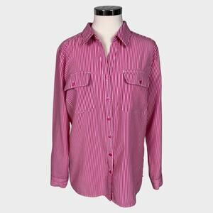 Notations Large Pink White Stripe Button Front Blouse Polyester Spandex